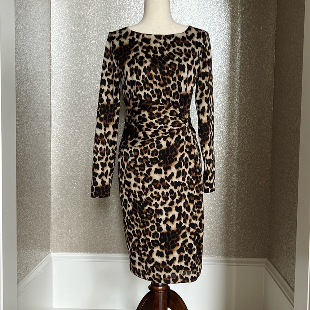 Carmen Marc Valvo Leopard print, long sleeve knit dress.